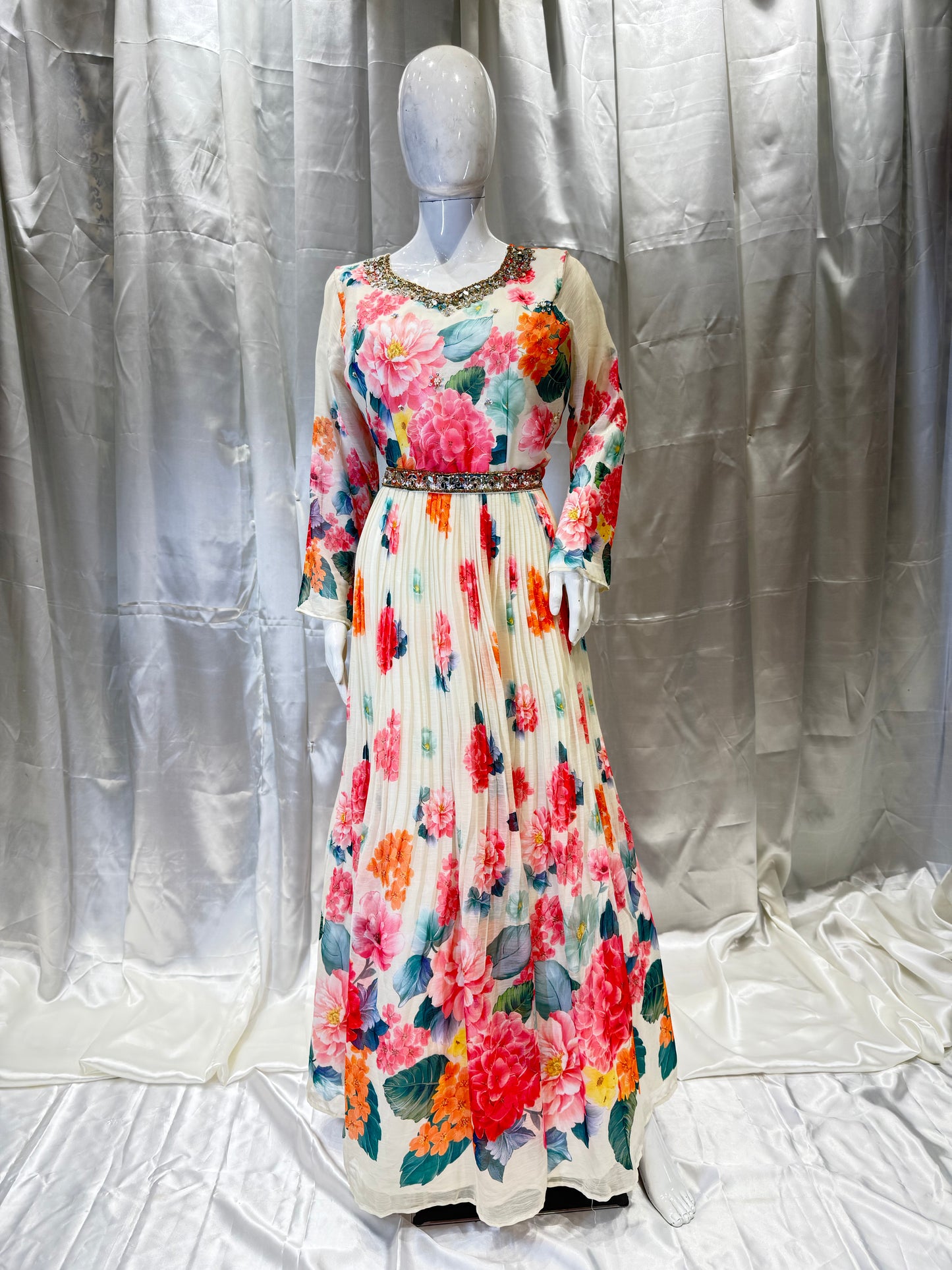 Floral Chiffon Gown (Off White)