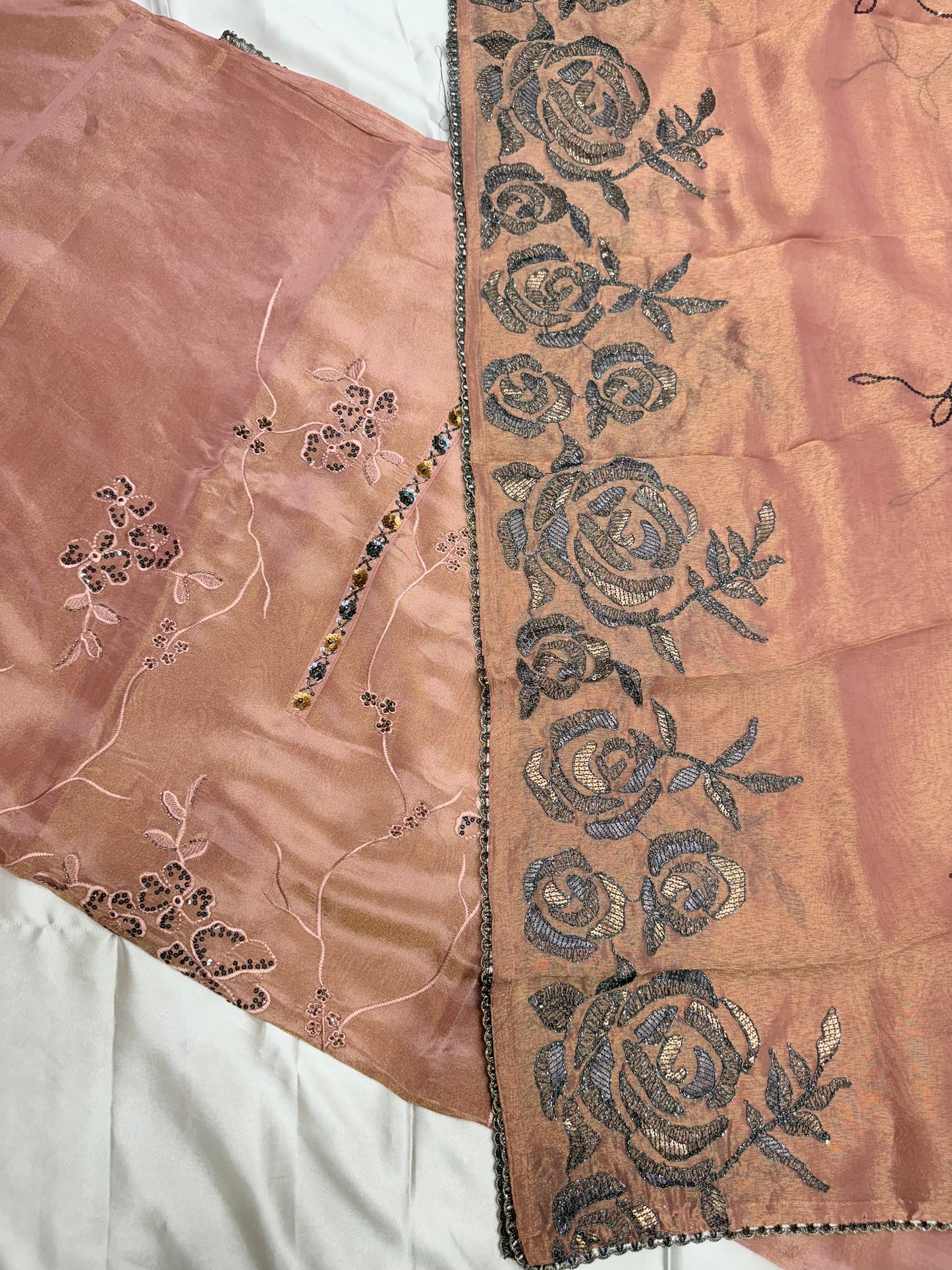 Designer chiniya silk with tissue duppata dress material (Almond)