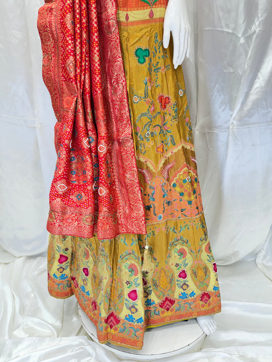 Banarasi silk Contrast Lehenga (Mustard with Red)