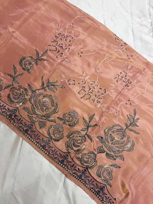 Designer chiniya silk with tissue duppata dress material (Almond)