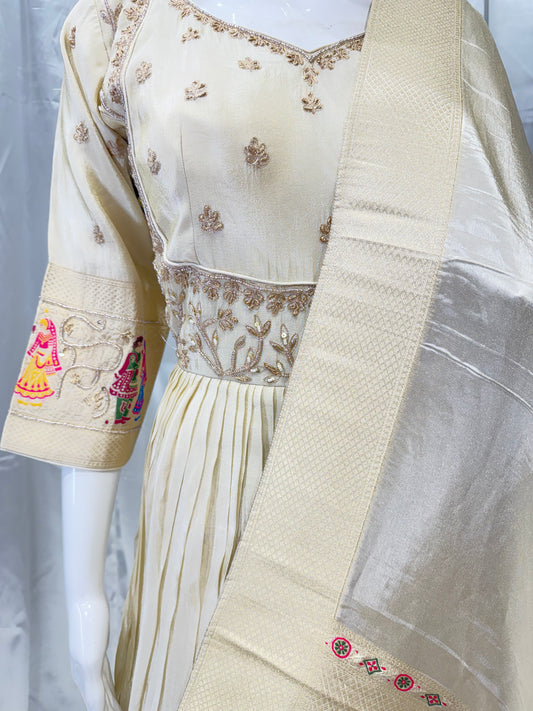Banarasi Silk Madhubani Zardozi Gown (Beige)