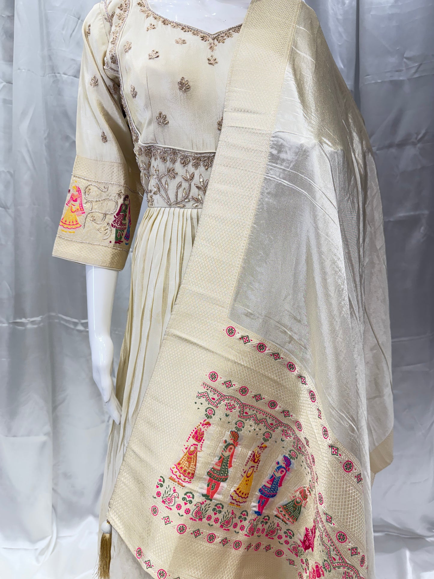 Banarasi Silk Madhubani Zardozi Gown (Beige)