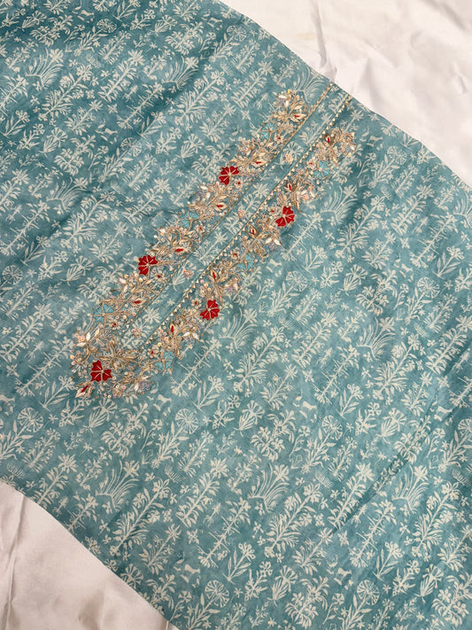 Linen silk handwork dress material with Banarasi Dupatta (sea green)