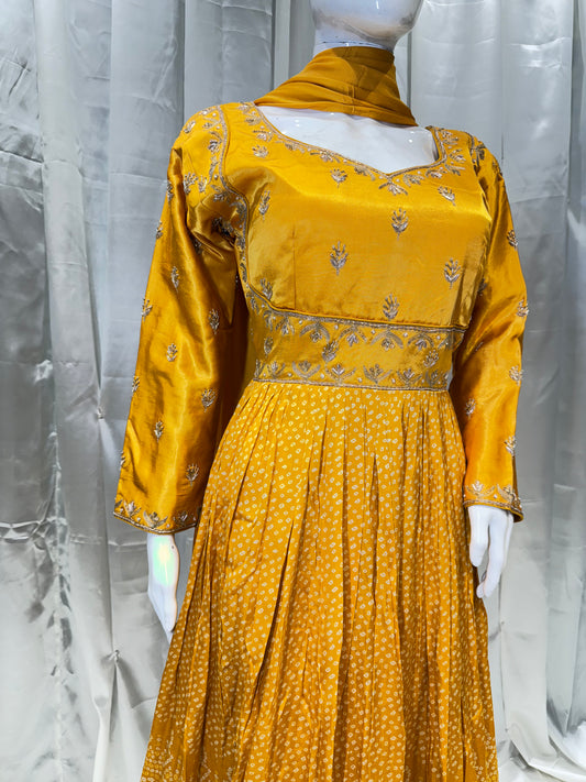 Silk Wedding Zardozi Gown (Mustard)