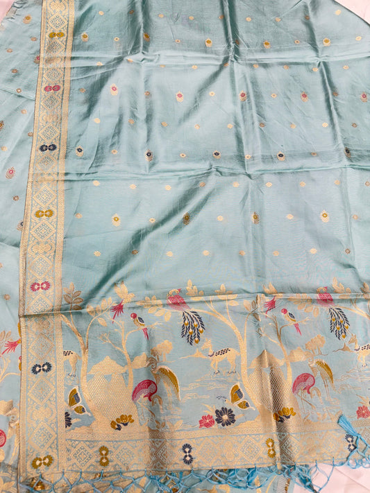 Madhubani Soft Silk dress material (Aqua Blue)