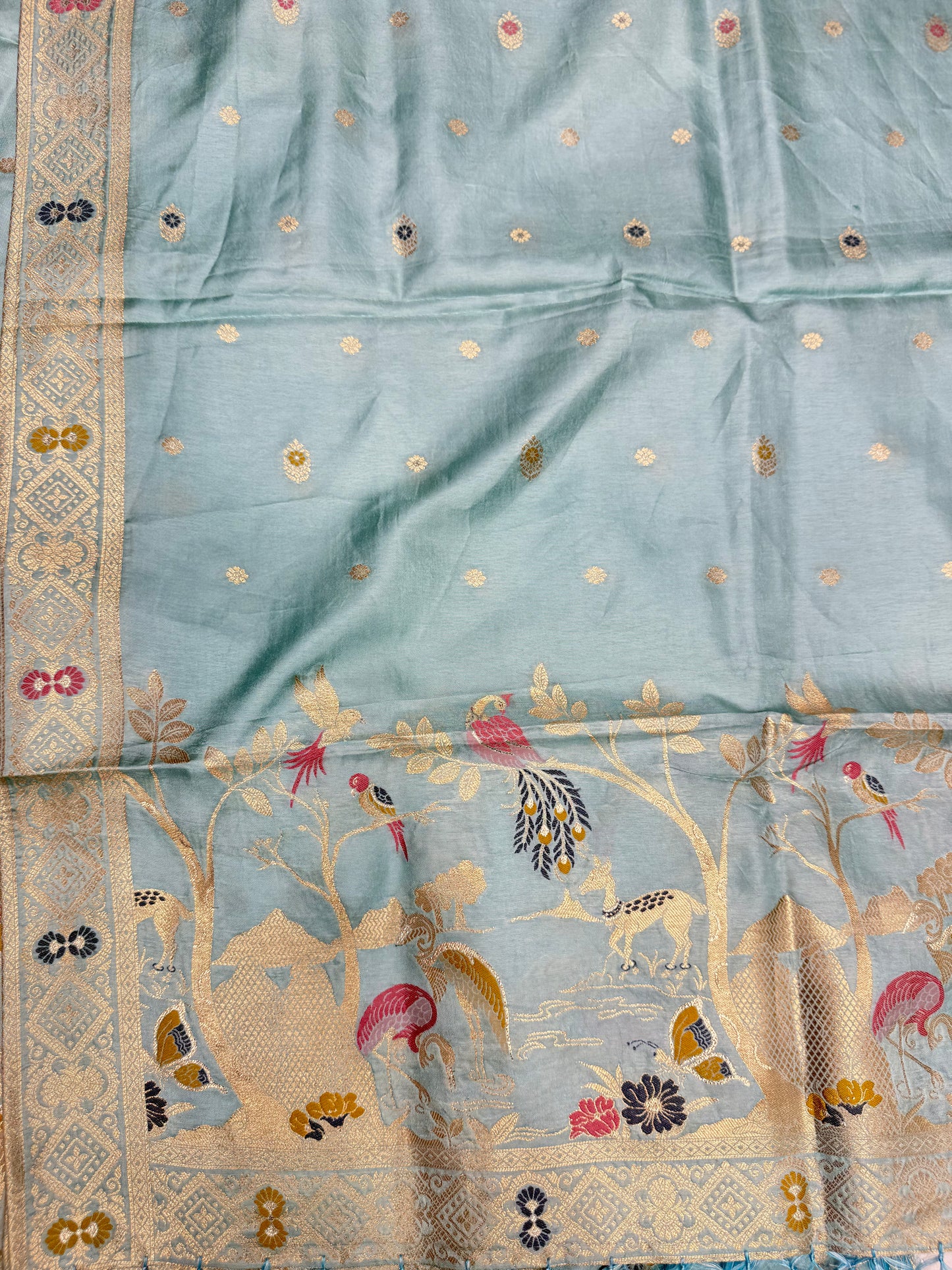 Madhubani Soft Silk dress material (Aqua Blue)