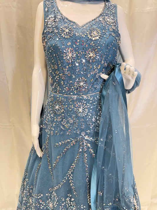 Net Hand Work Bridal Wear Dress (Peacock Blue)