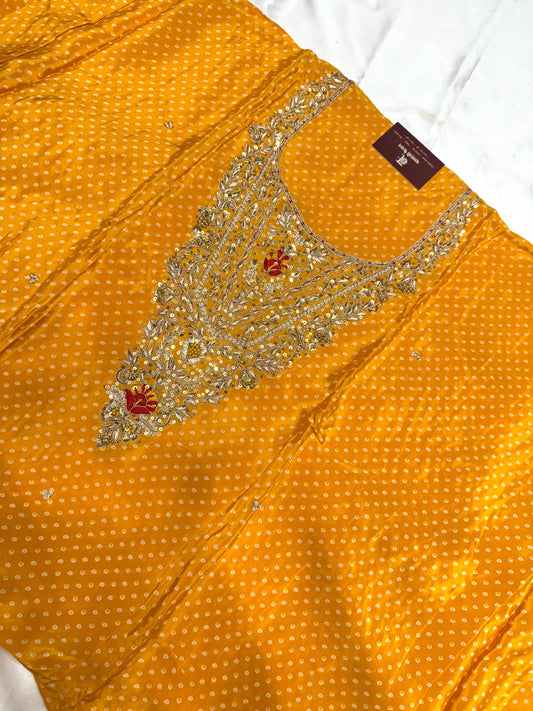 Crape Silk Zardozi Dress Material with contrast Dupatta(Yellow)