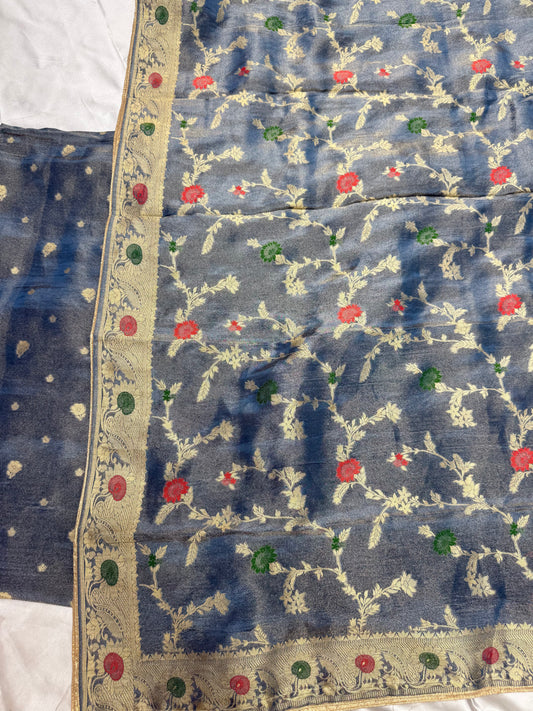 Designer Chiniya Tissue with brocade Dupatta(Steel Grey)