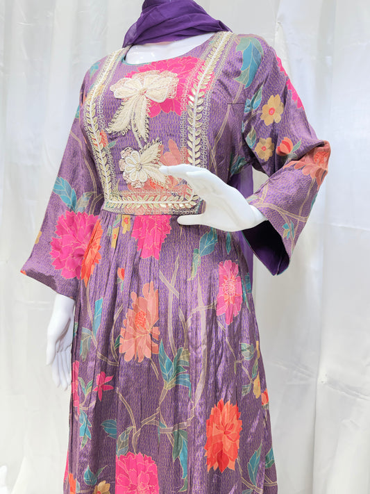 Soft Crepe Silk Digital Print Gown (Mauve)