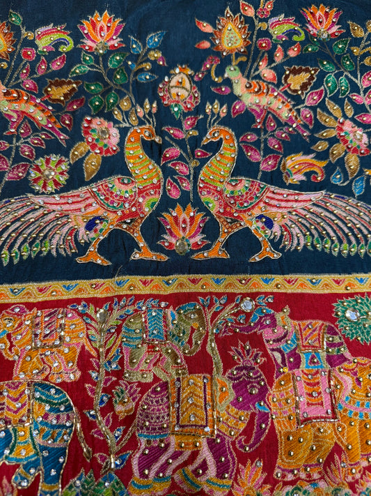 Madhubani Embroidery Silk Saree (Navy Blue)