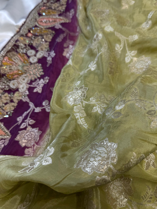 Brocade Handwork Silk Saree (Mehandi)