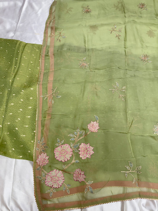 Designer organza Tissue silk dress material(Pastel Green)