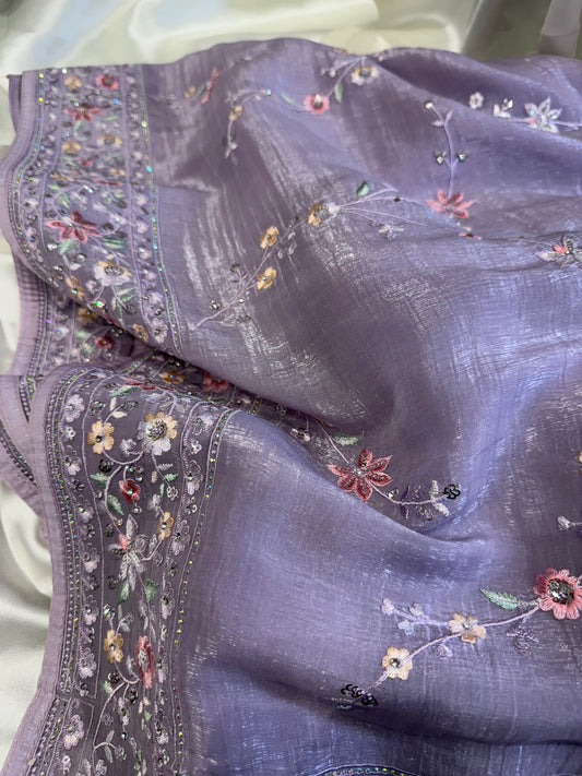 Diamond Chiffon with Resham work Silk Saree (Purple)