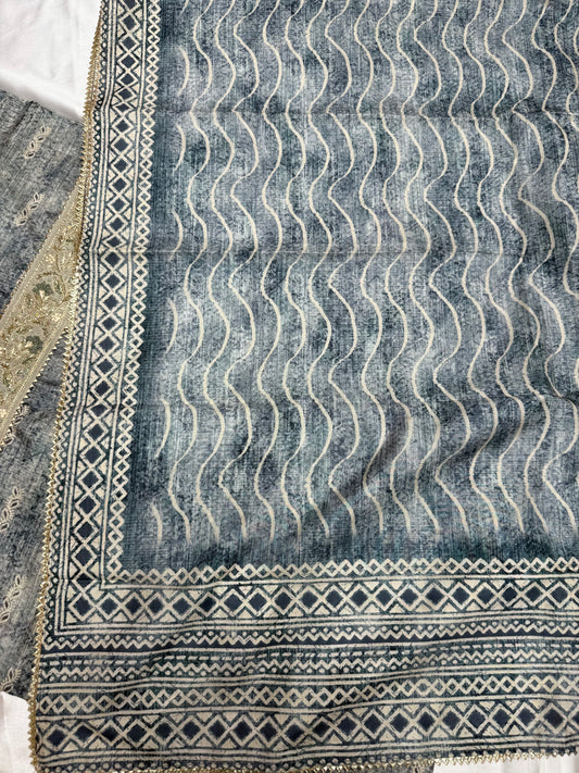 Designer Raw silk dress material (Dark Grey)