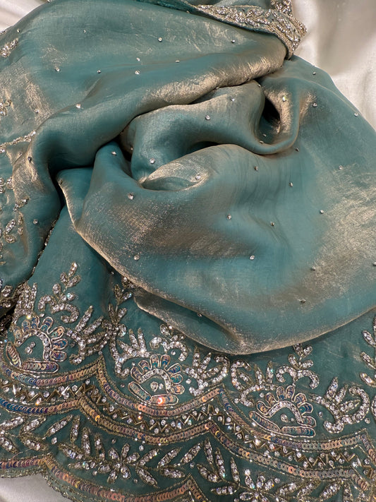 Tissue Crush Saree Zardozi Work (Sea Green)