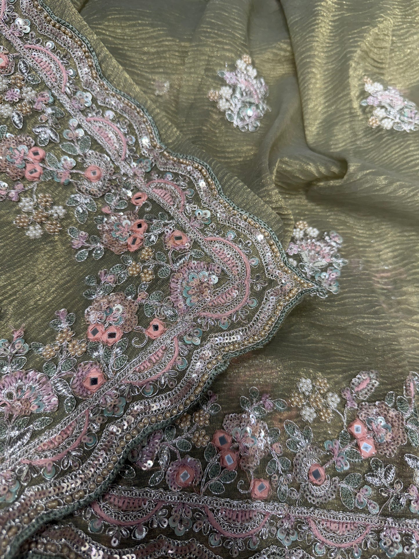 Crush Tissue Zardozi Work Silk Saree (Mehandi)
