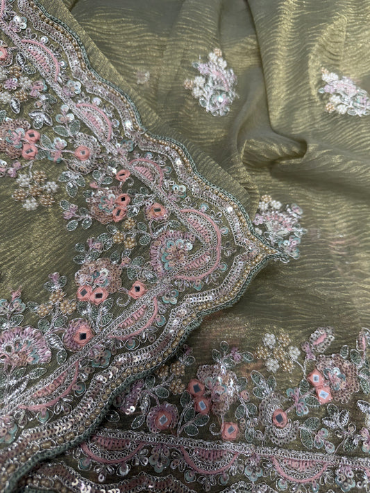 Crush Tissue Zardozi Work Silk Saree (Mehandi)