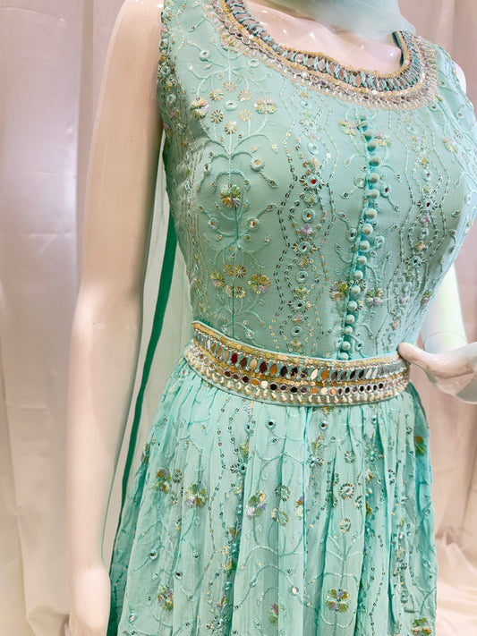 Chiffon Mirror work Gown (Sea Green)