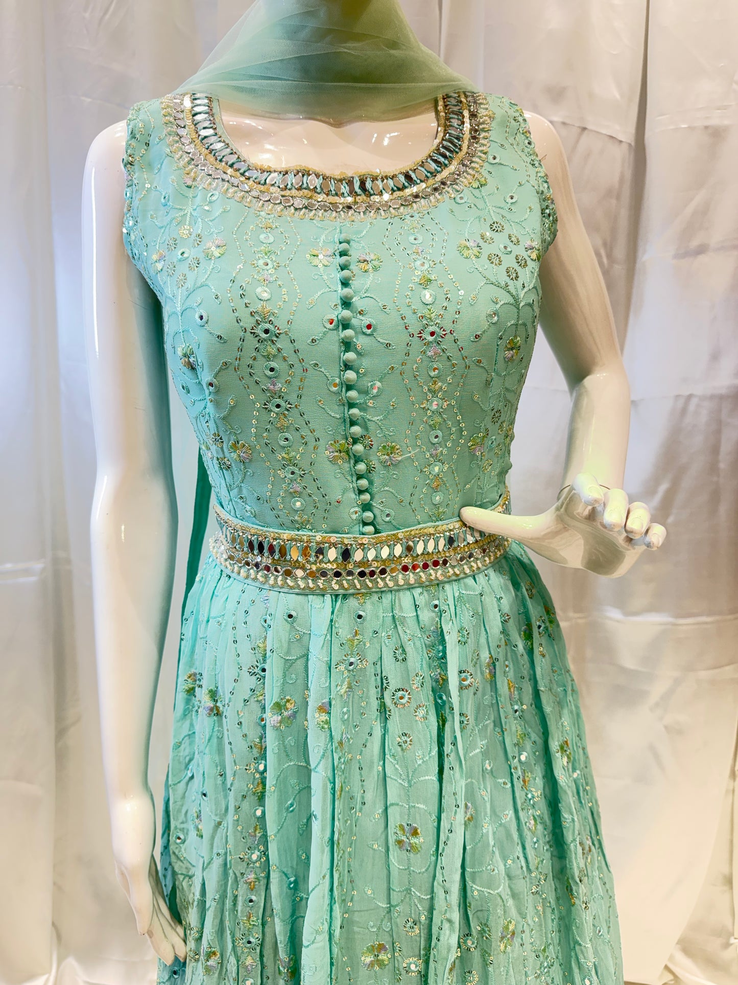 Chiffon Mirror work Gown (Sea Green)