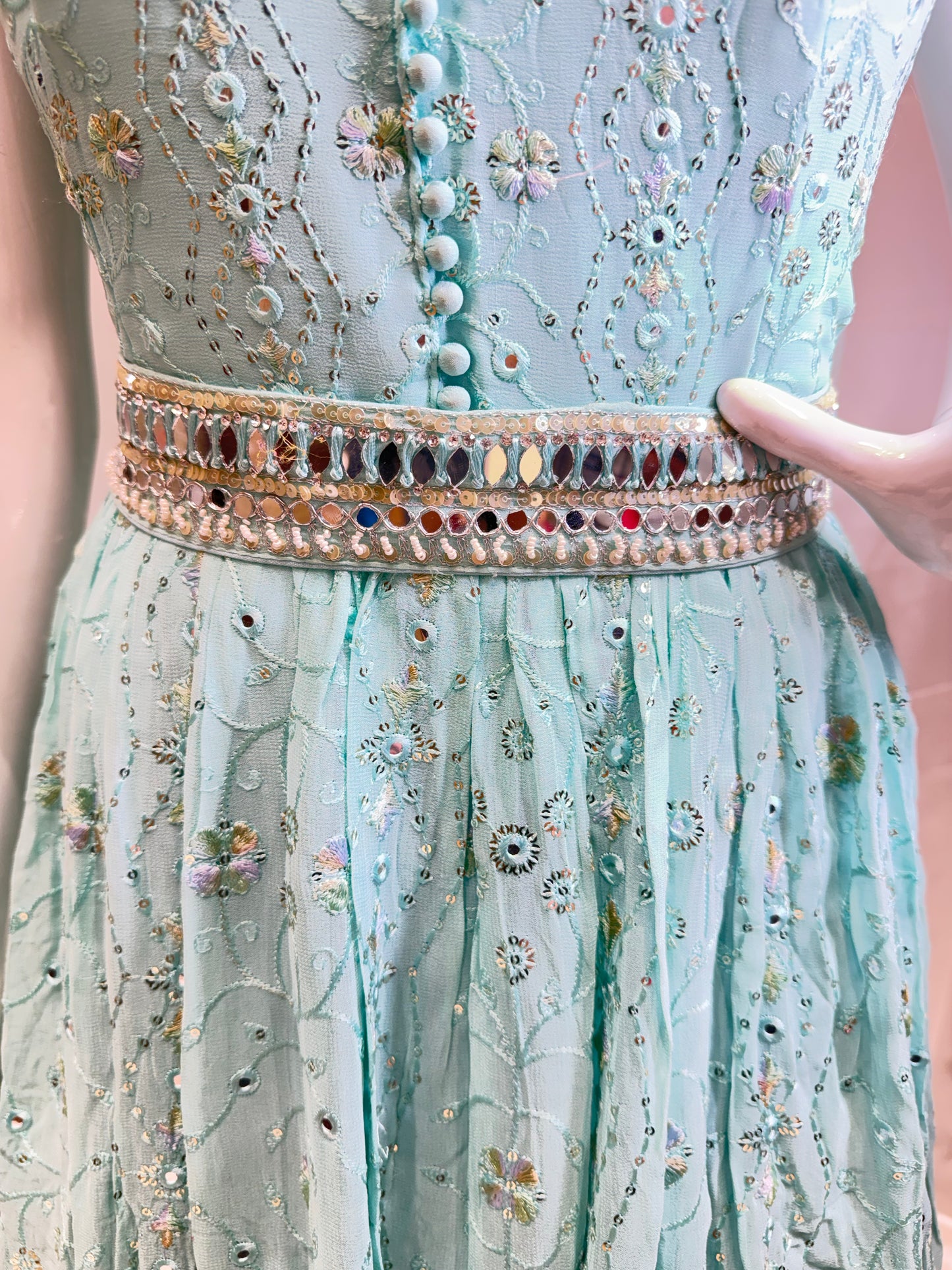 Chiffon Mirror work Gown (Sea Green)