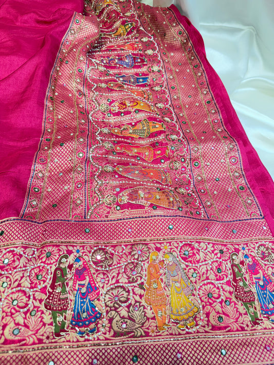 Plan Border Ajrak Silk Saree (Hot Pink)