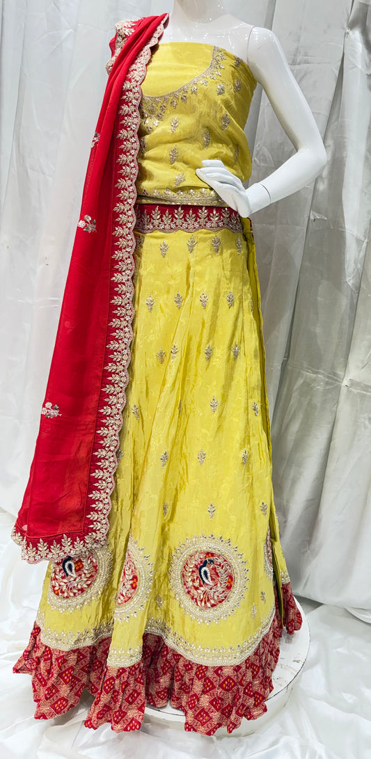 Silk Jamdani Handwork Embroidery Lehenga (Banana Yellow with Red)