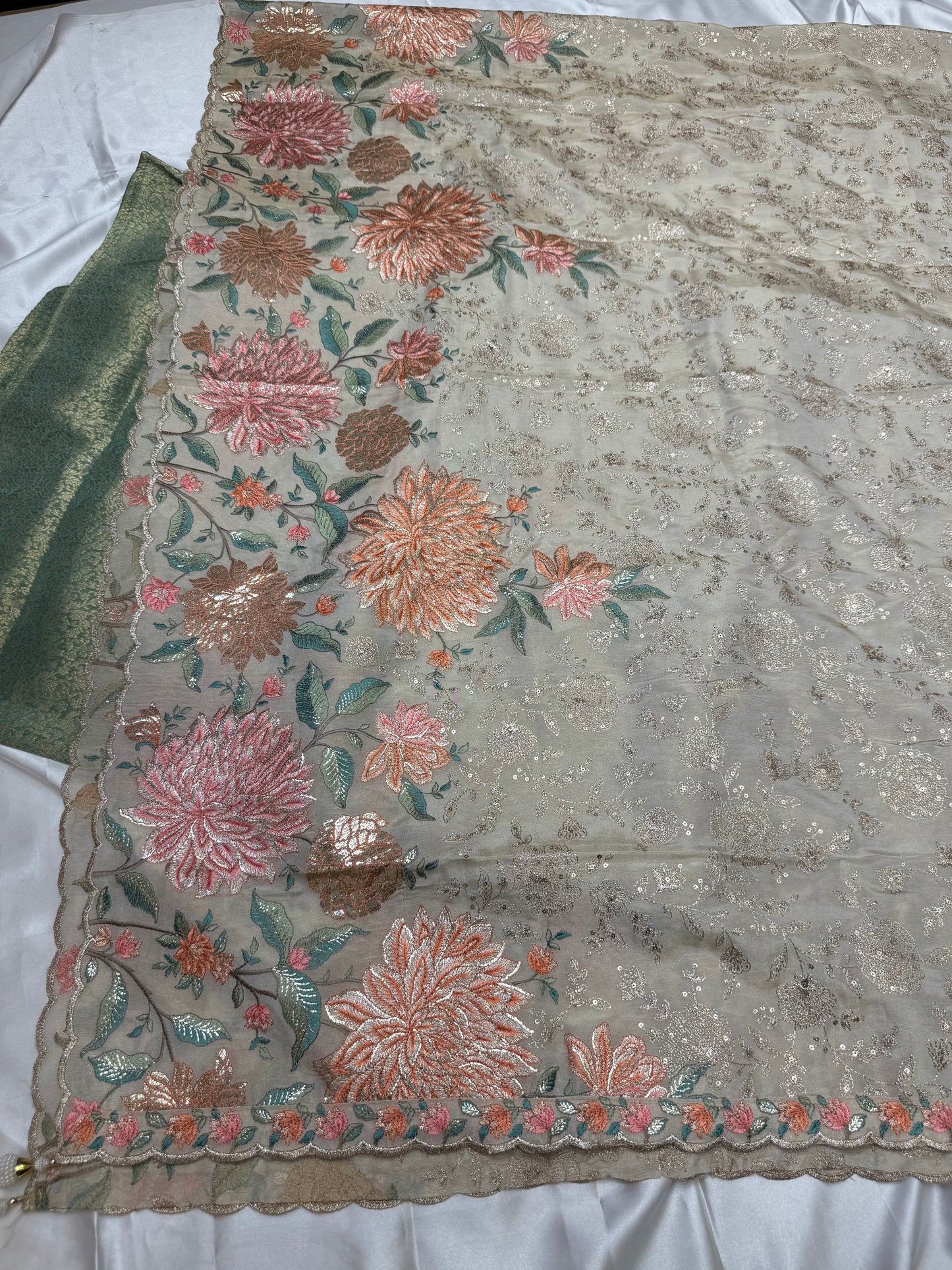 Designer zari brocade handwork silk material with Duppata ( Pista Green )