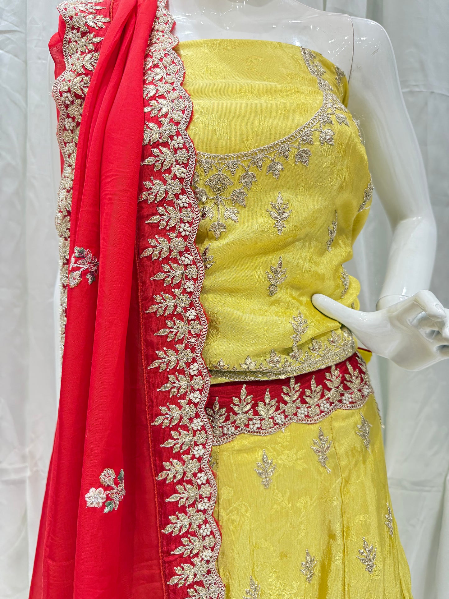Silk Jamdani Handwork Embroidery Lehenga (Banana Yellow with Red)