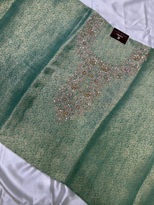 Designer zari brocade handwork silk material with Duppata ( Pista Green )