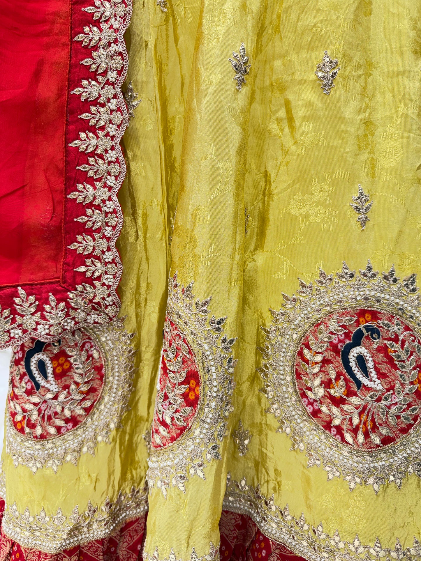 Silk Jamdani Handwork Embroidery Lehenga (Banana Yellow with Red)