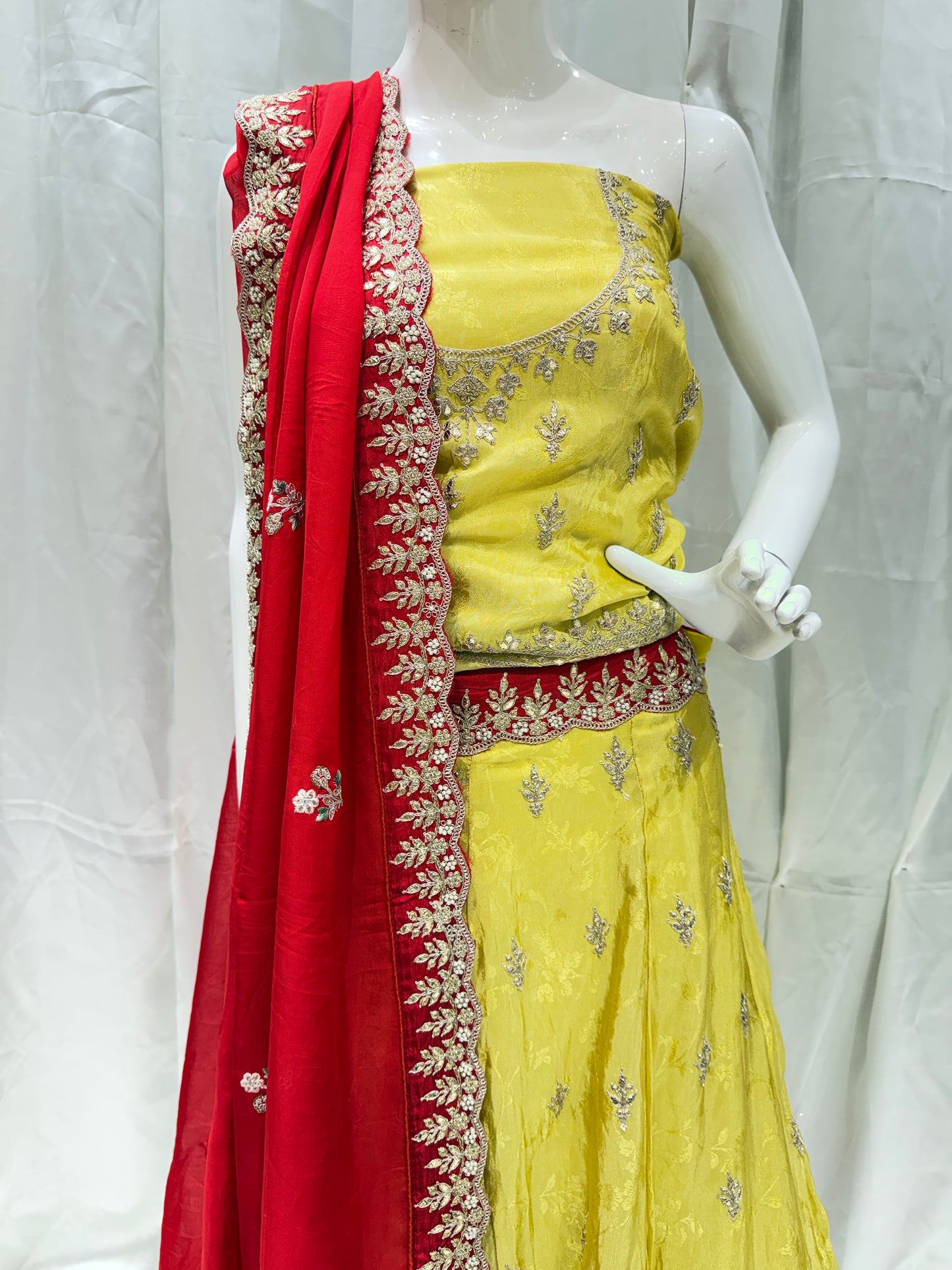 Silk Jamdani Handwork Embroidery Lehenga (Banana Yellow with Red)