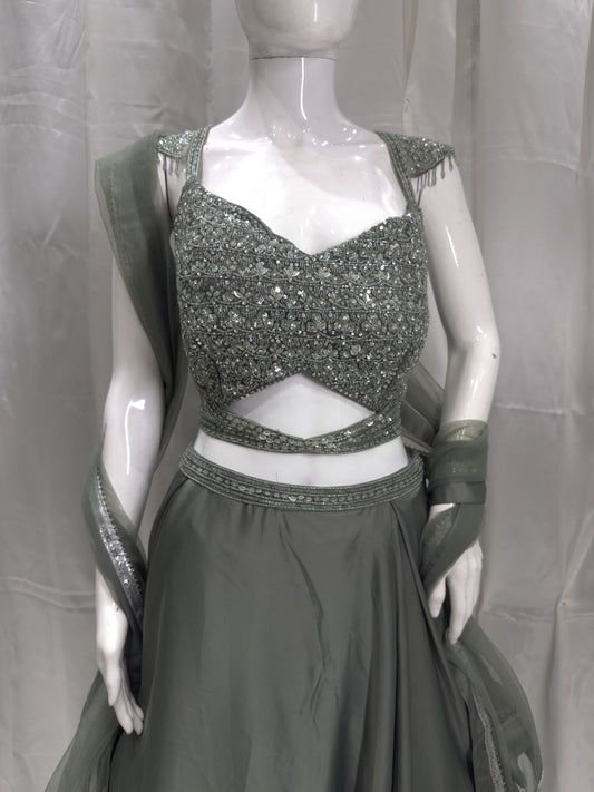 Satin Silk Boutique Pattern Dress (Mehendi)