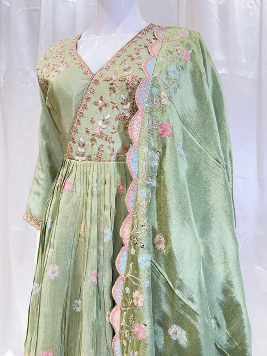 Silk Traditional Mirzai Design gown ( Pista Green)