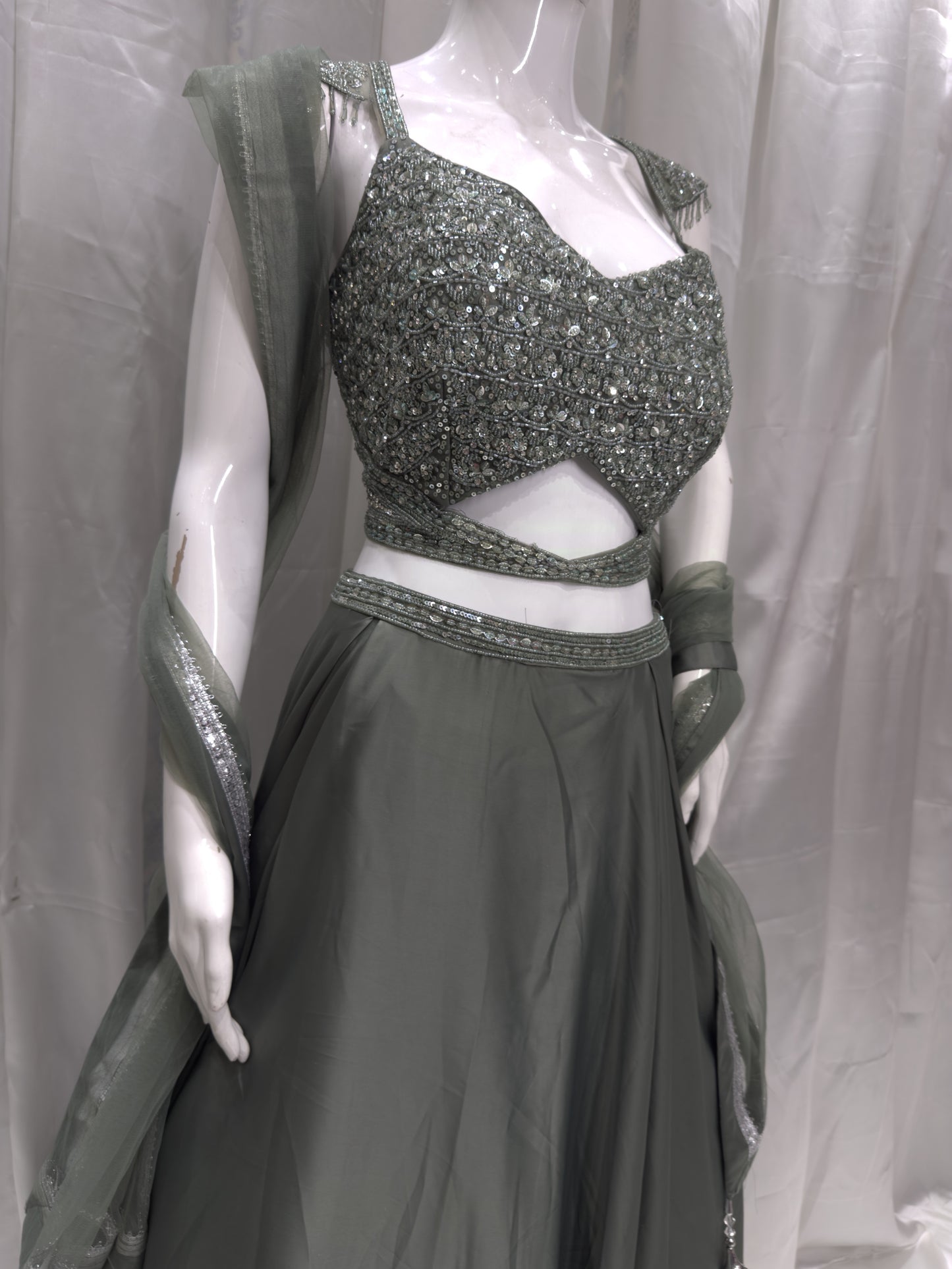 Satin Silk Boutique Pattern Dress (Mehendi)