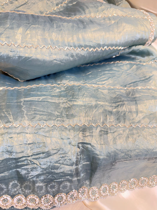 Tissue Crush handwork Saree (Aqua Blue)