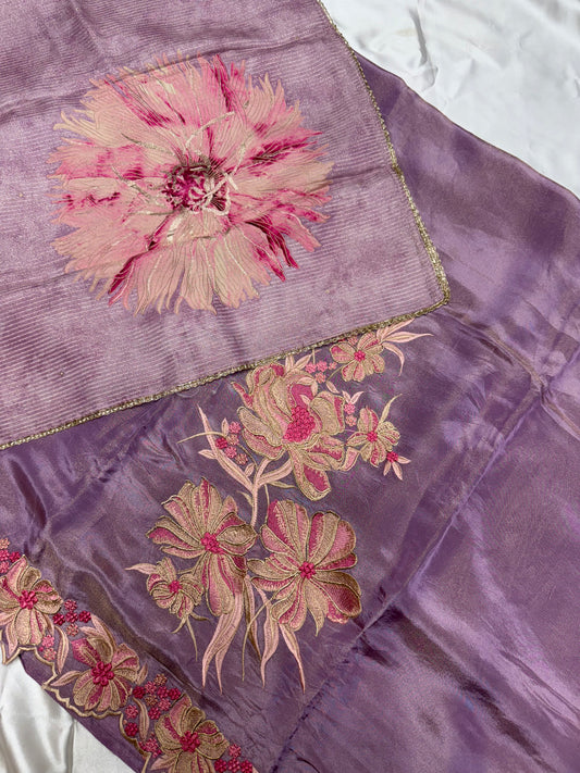 Designer Ethenic tissue silk dress material (Lavender)