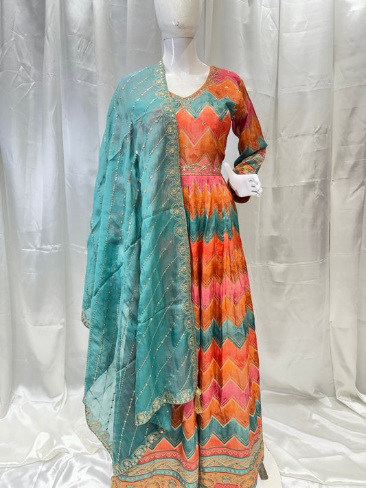 Silk Digital Print Gown (Fanta)