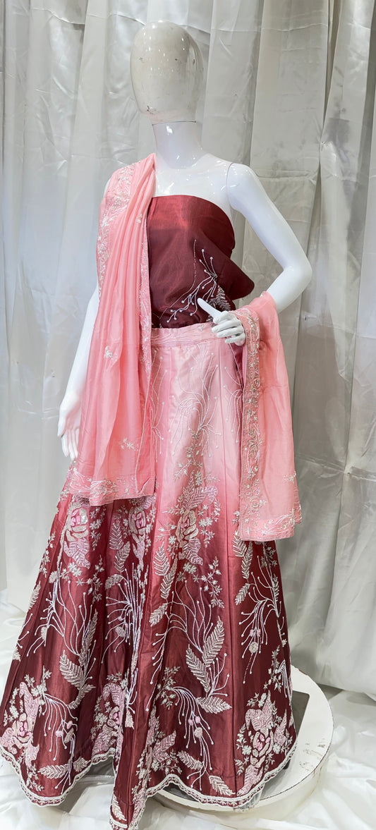 Silk Handwork Party Wear Lehenga (Coke with Peach)