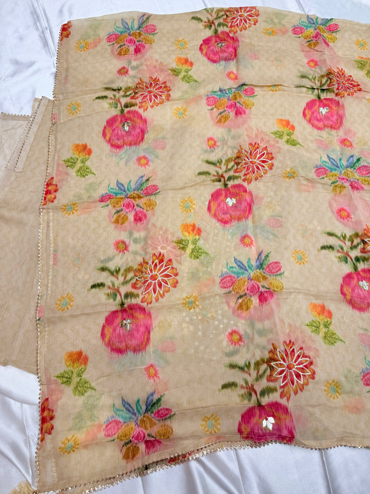 Designer organza silk with Gota Patti & Digital Duppata material (Beige Gold)