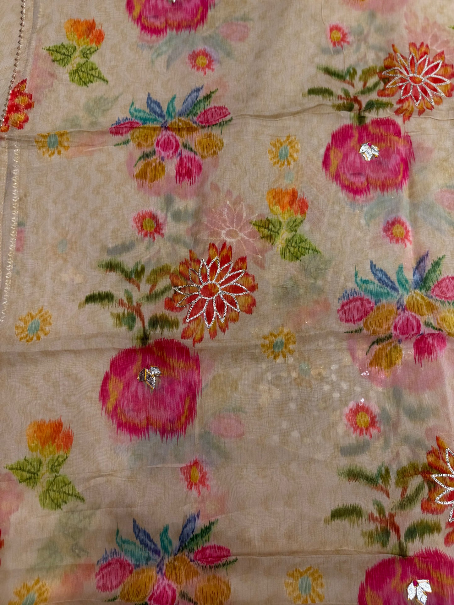 Designer organza silk with Gota Patti & Digital Duppata material (Beige Gold)