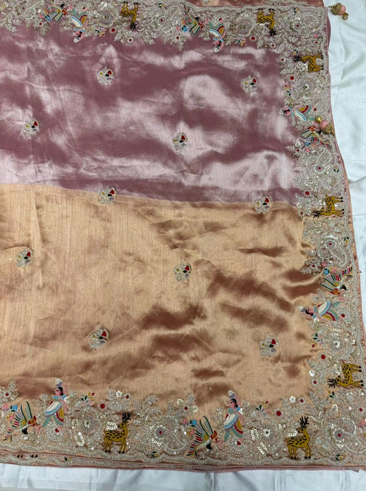 Pure tissue silk half-half embroided saree color peach-gold