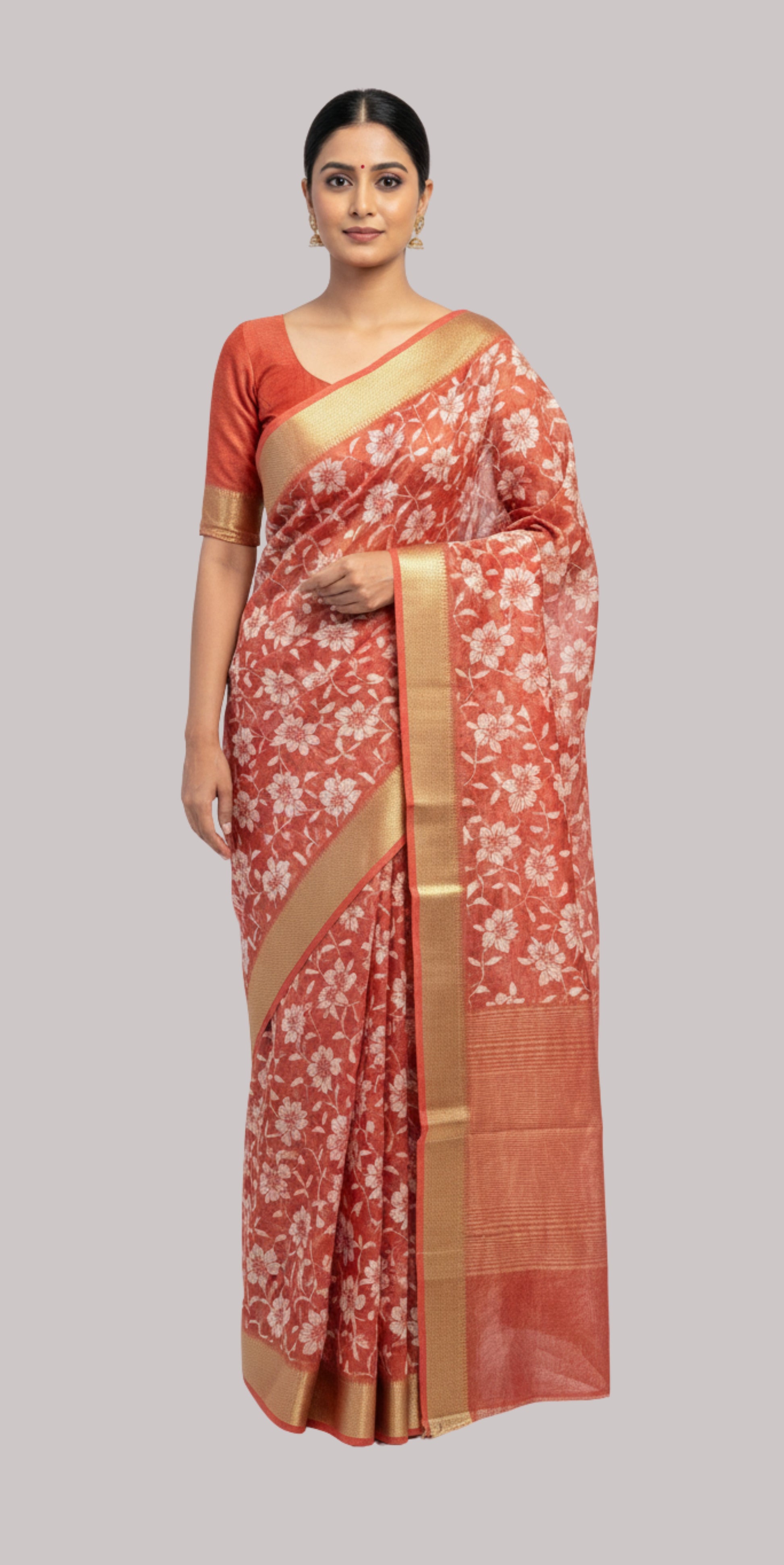 Banarasi tissue cotton saree ( Rust Color )