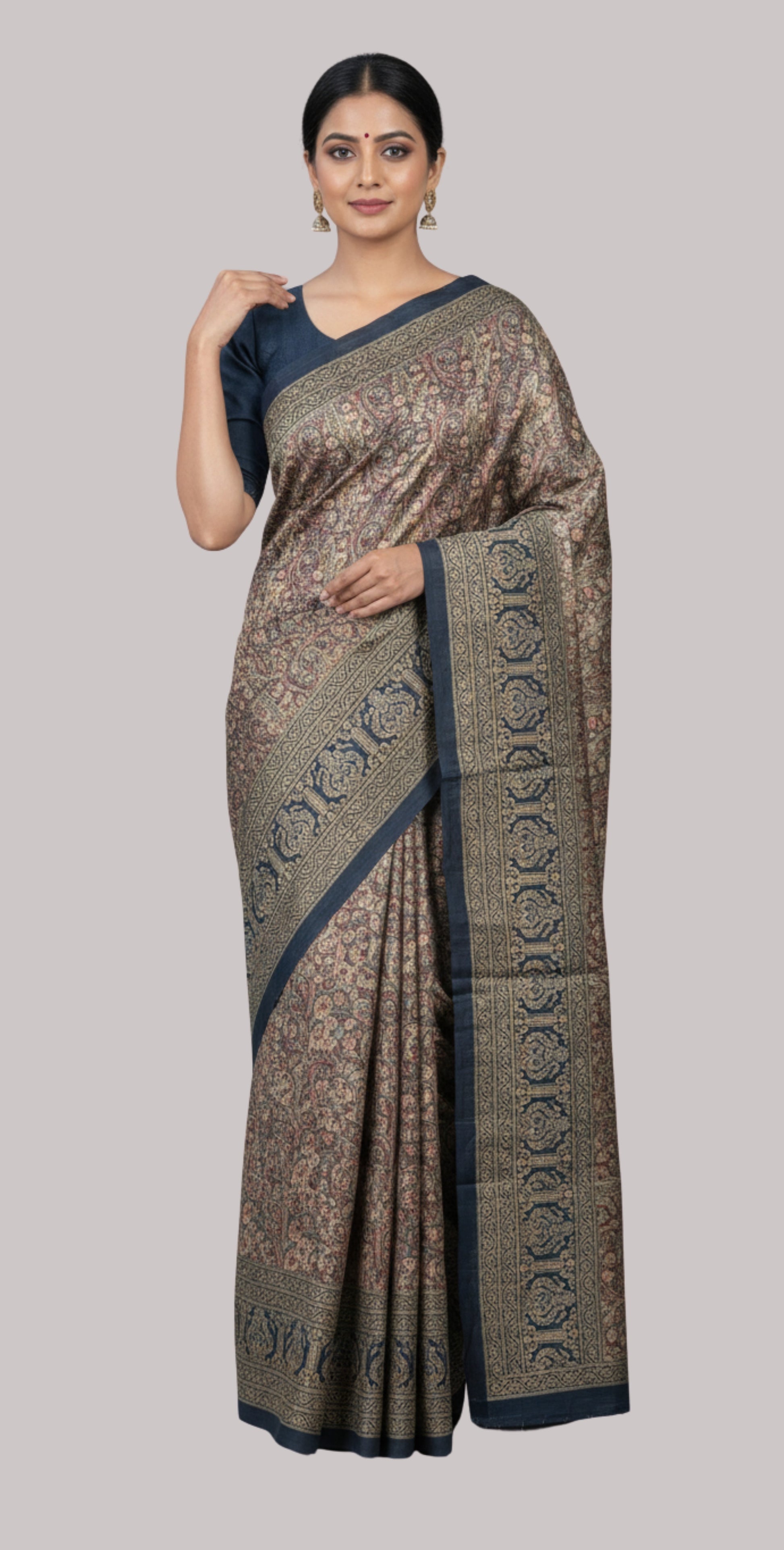printed Kalamkari silk saree ( Greyish Brown Color )
