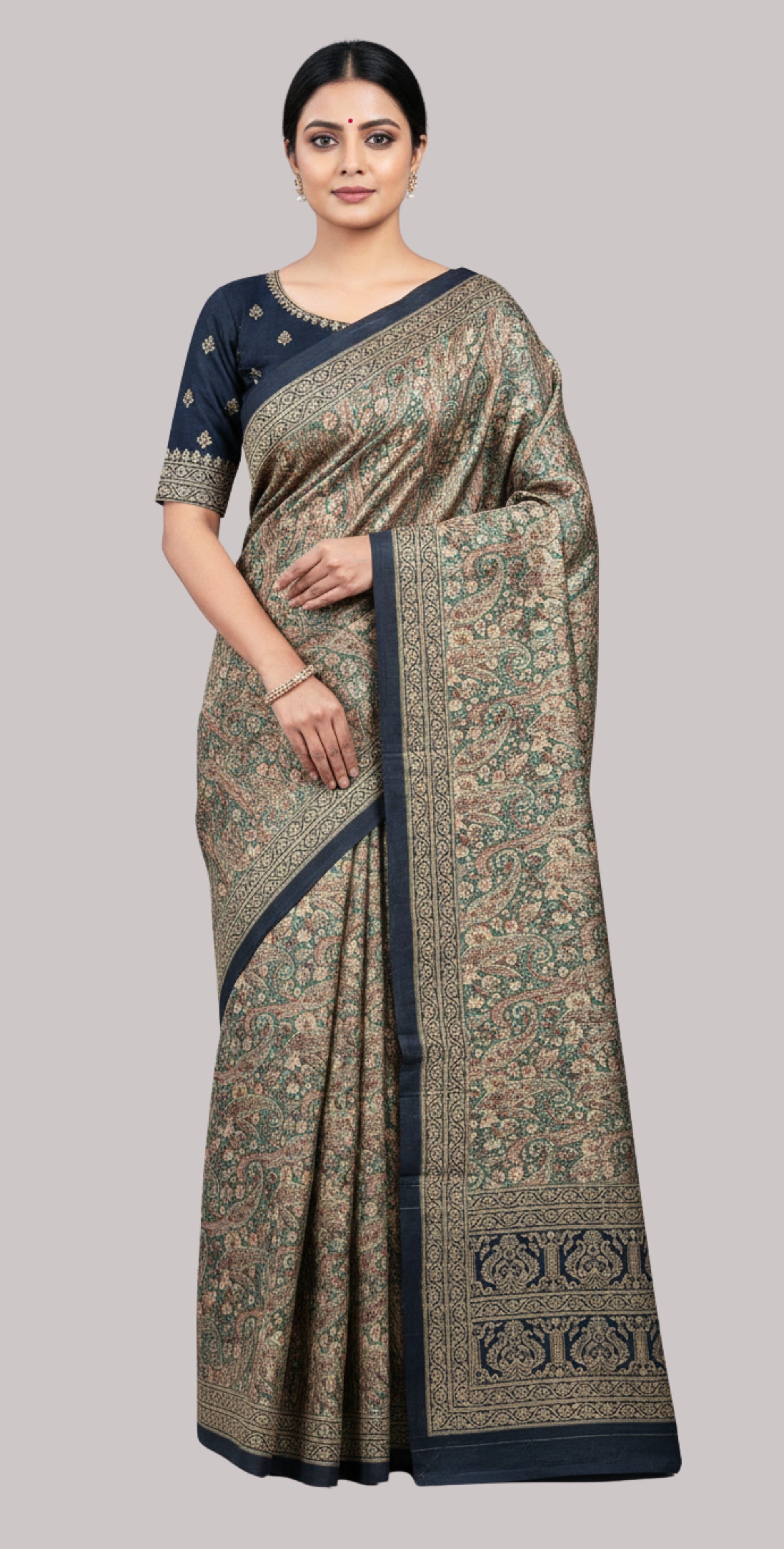 printed Kalamkari silk saree ( Greyish Green color)