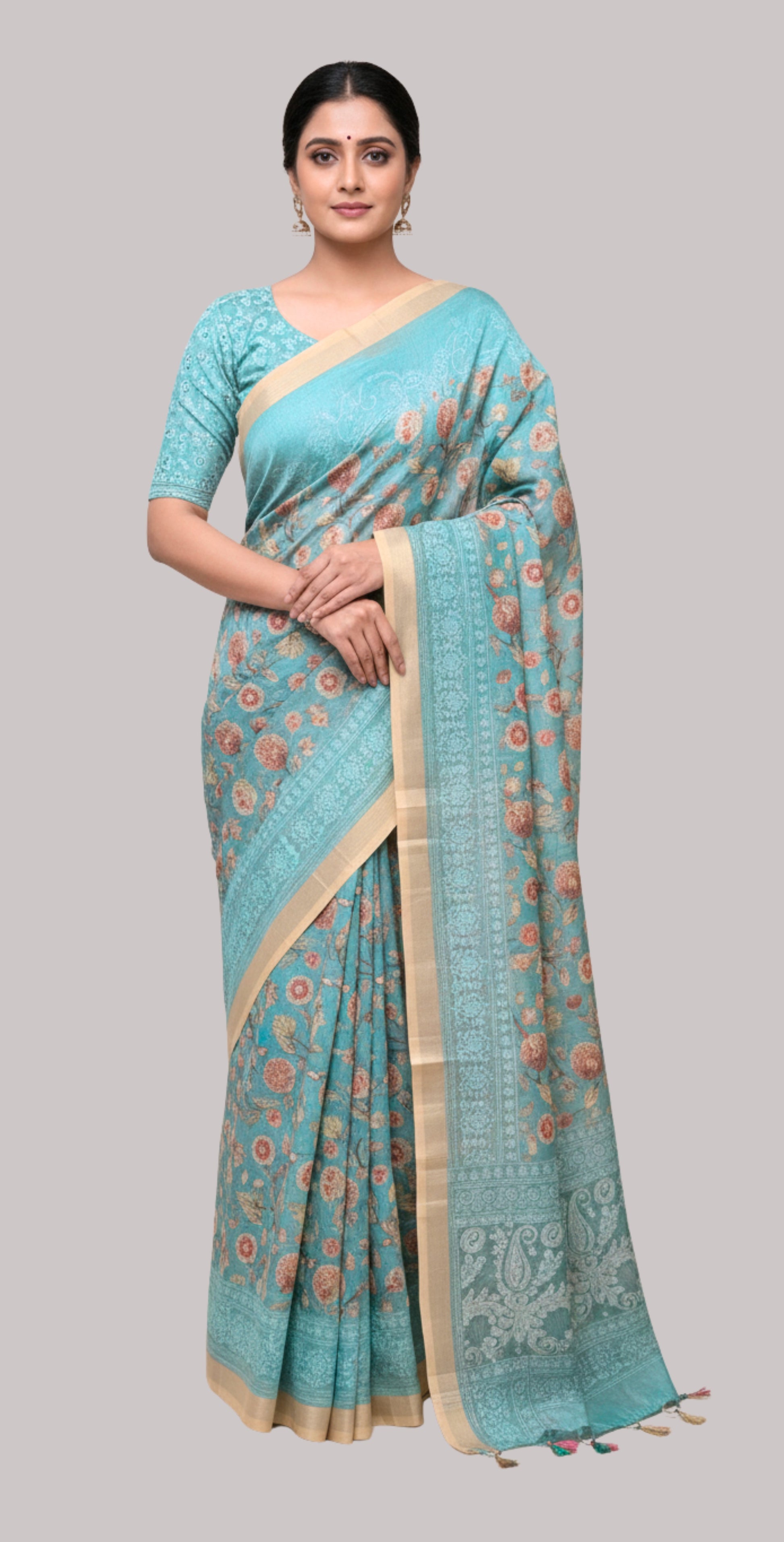 soft cotton saree with thread work (Light Blue)
