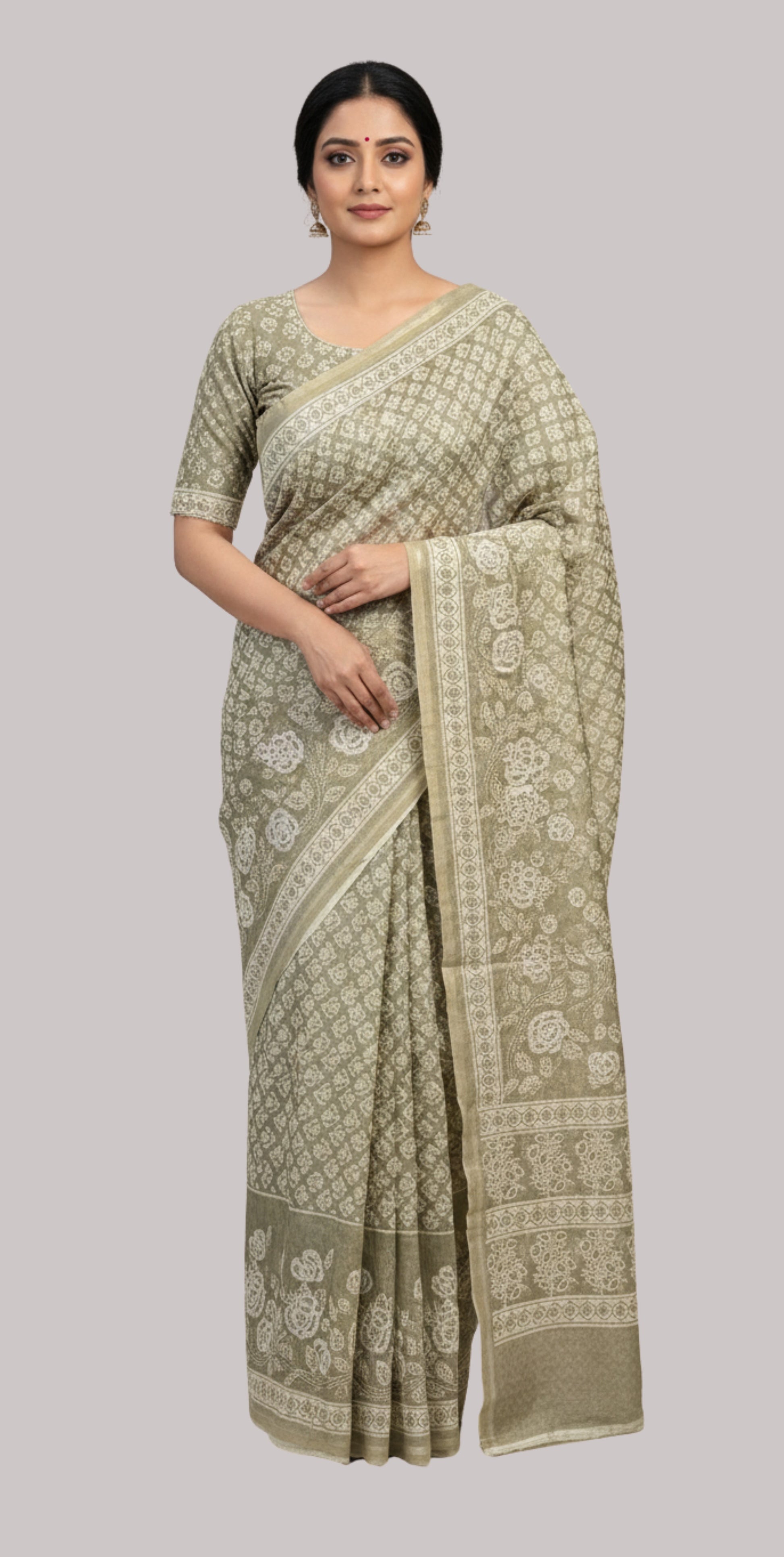 soft cotton thread work saree ( Beige Mehendi Color)