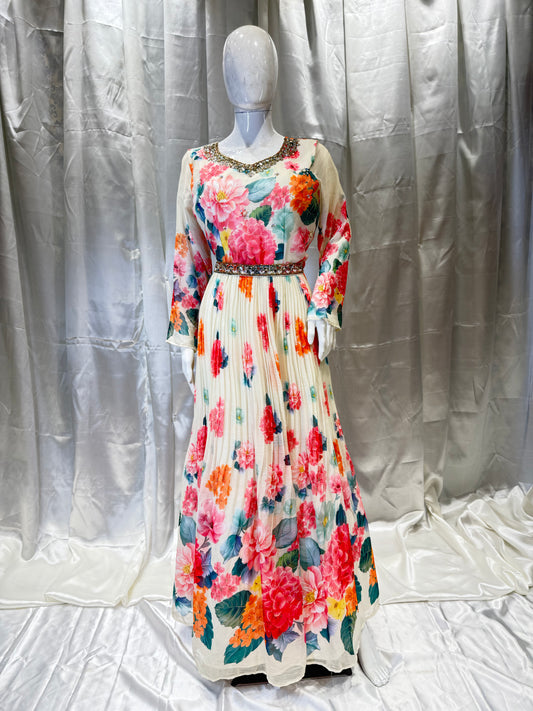 Floral Chiffon Gown (Off White)