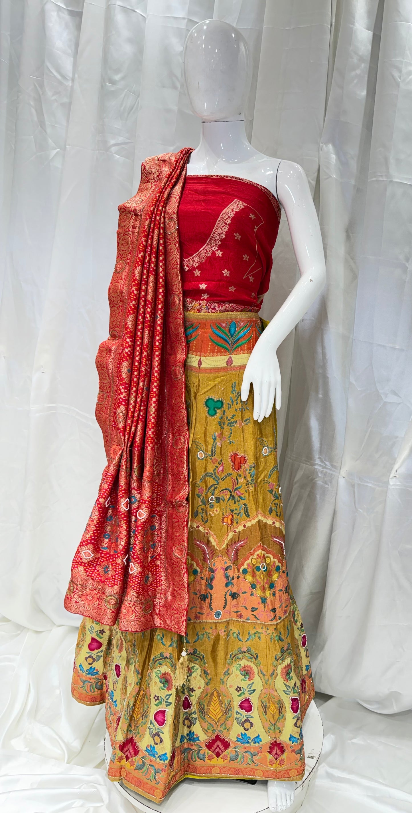 Banarasi silk Contrast Lehenga (Mustard with Red)