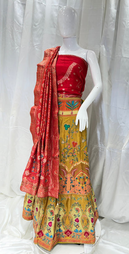 Banarasi silk Contrast Lehenga (Mustard with Red)